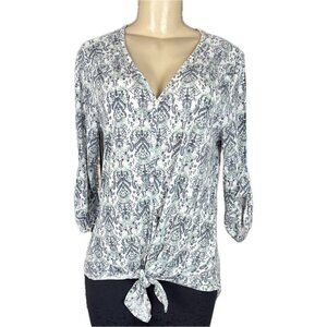 Retro-ology L Blue Abstract Chandelier Print Button Tie Waist 3/4 Sleeve Top